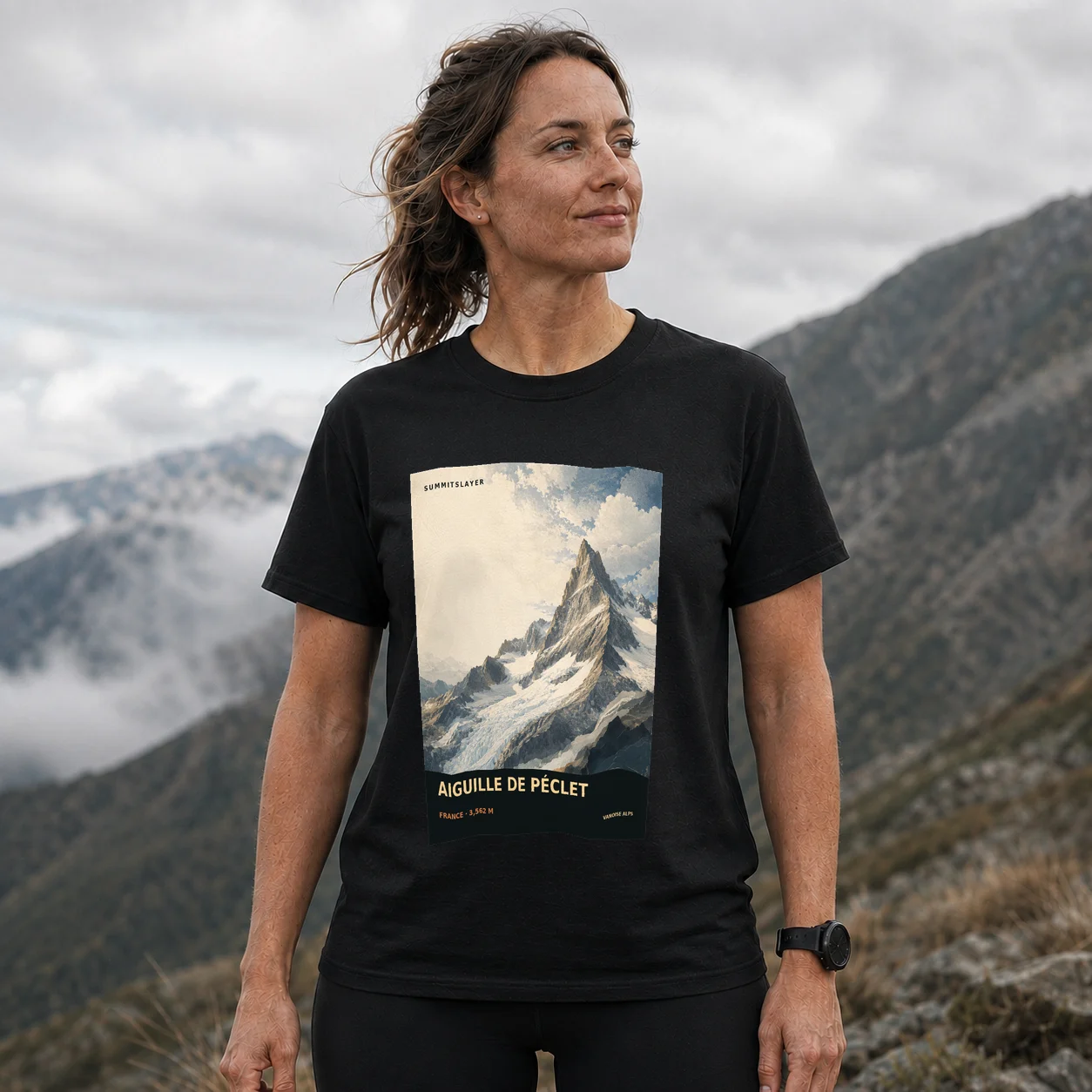 Black Aiguille de Péclet T-shirt front with mountain artwork