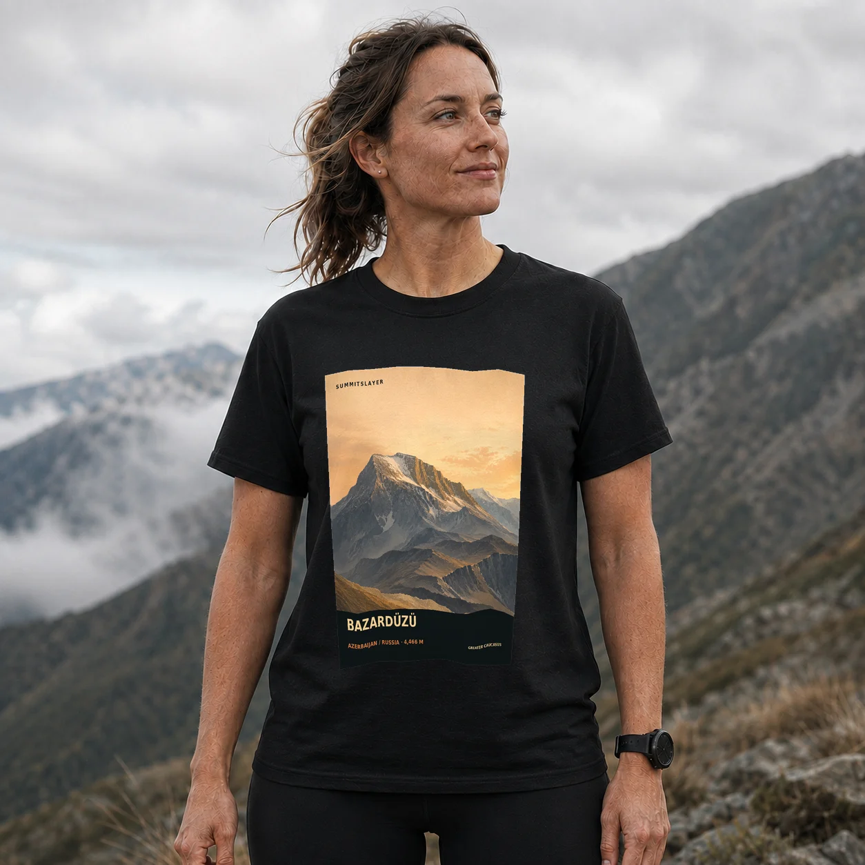 Black Gora Bazardyuzi T-shirt front with mountain artwork