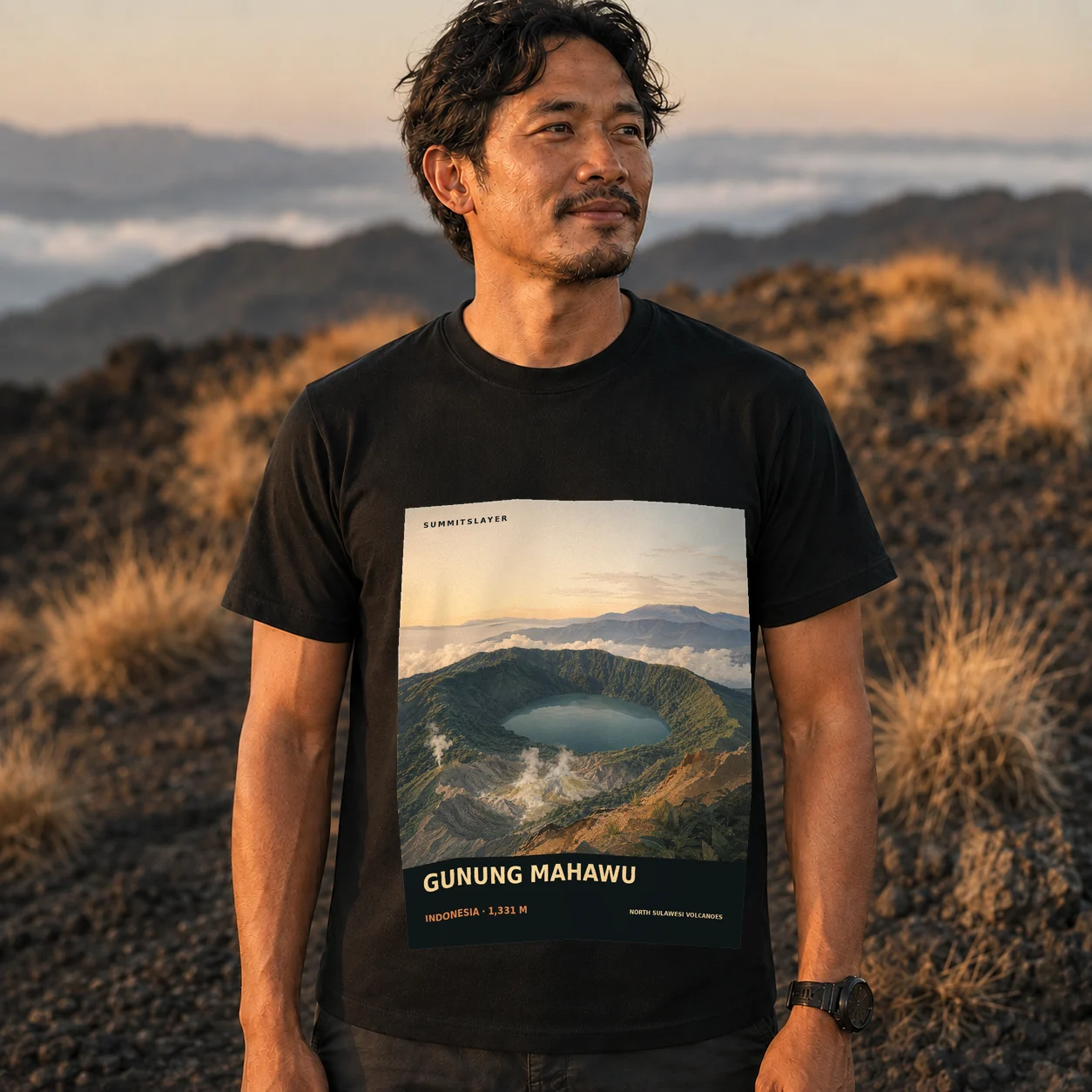 Black Gunung Mahawu T-shirt front with mountain artwork