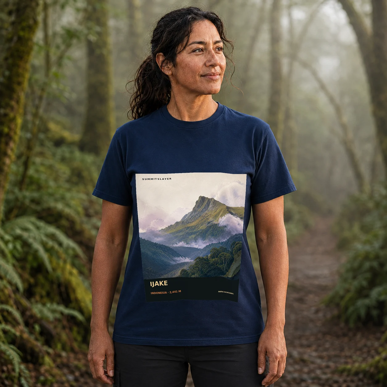 Navy Ijake T-shirt front with mountain artwork