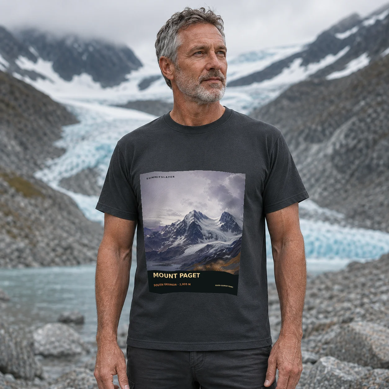 Charcoal Mount Paget T-shirt front with mountain artwork