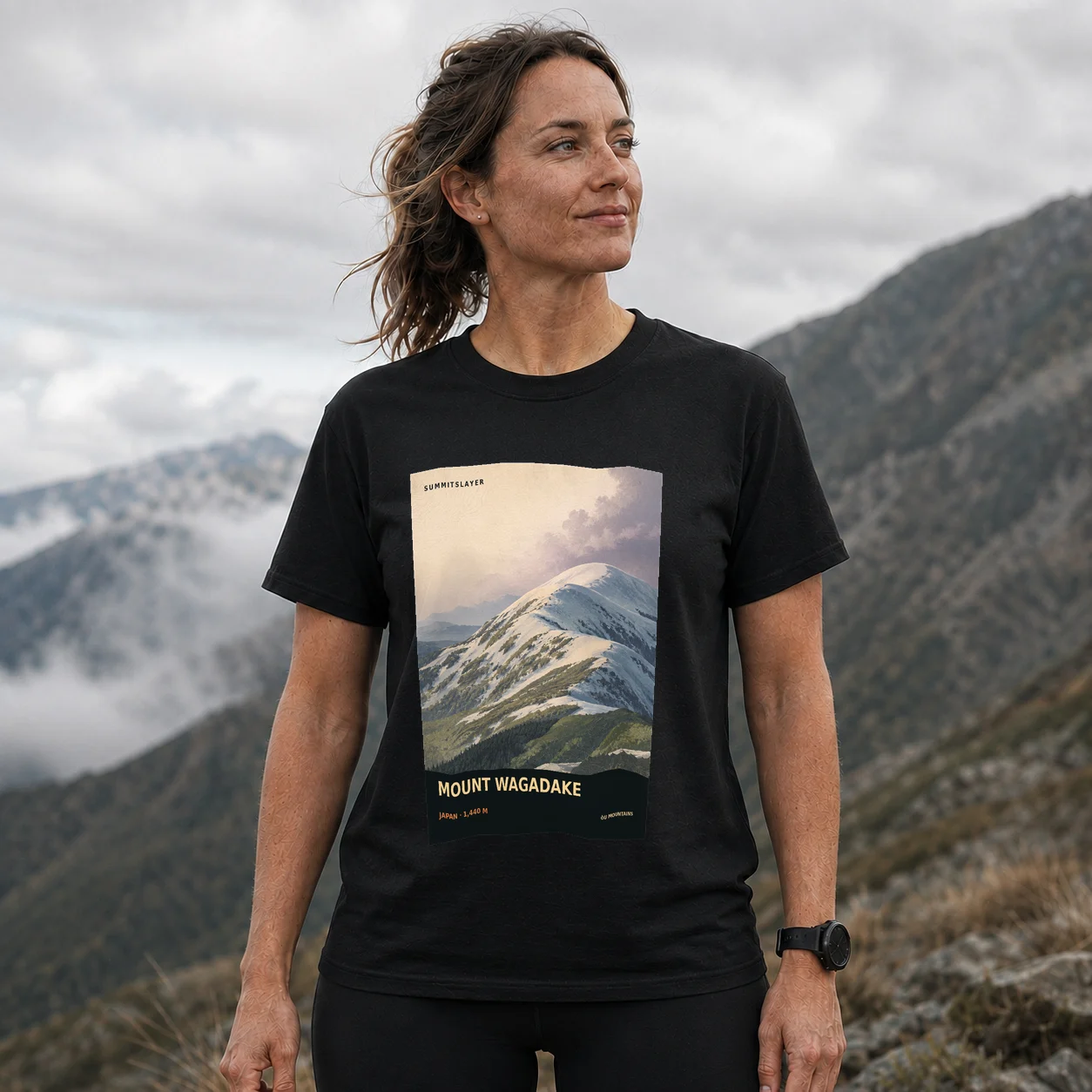 Black Waga Dake T-shirt front with mountain artwork