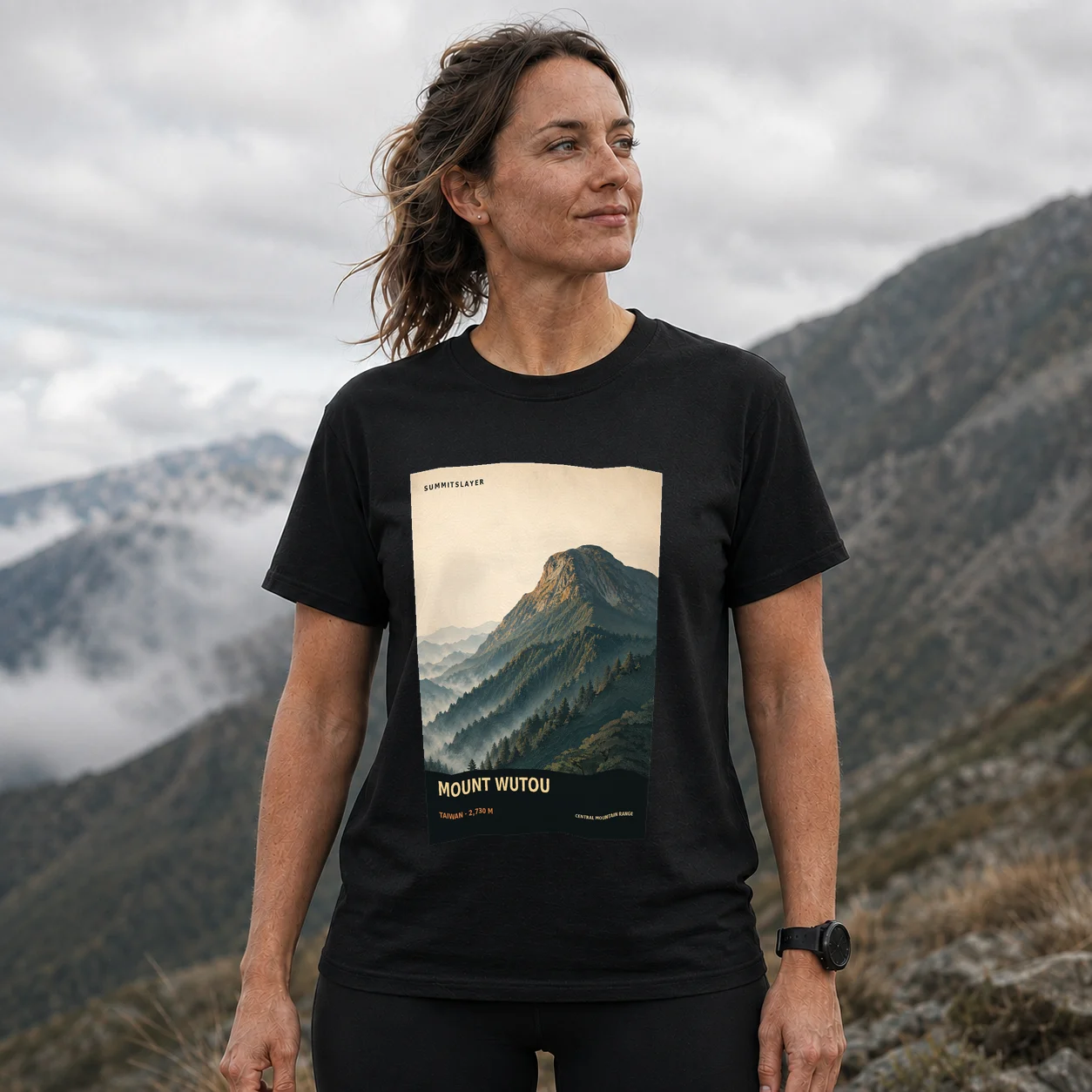 Black Wutou Shan T-shirt front with mountain artwork