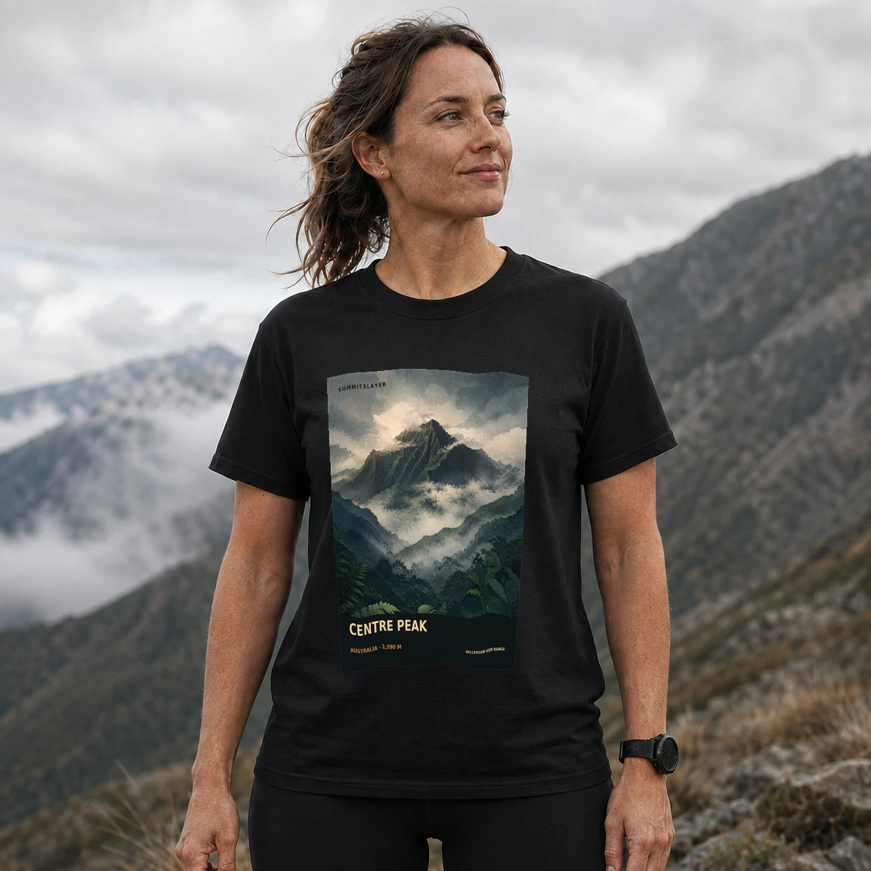 Black Bellenden Ker Centre Peak T-shirt front with mountain artwork