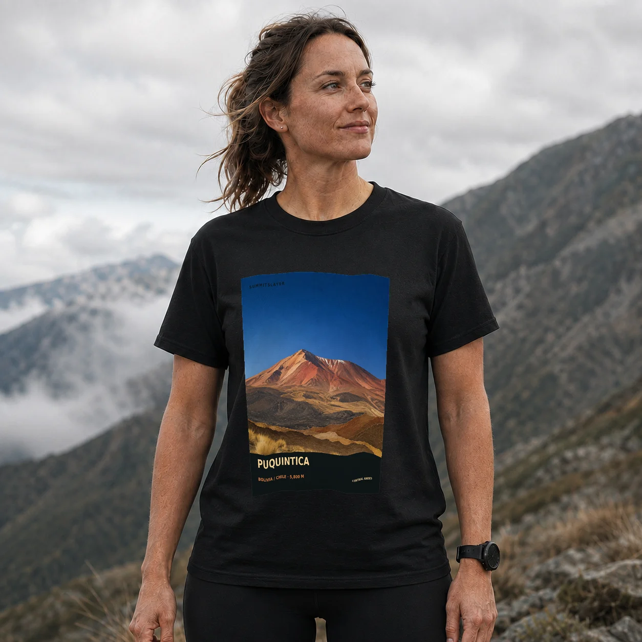 Black Cerro Puquintica T-shirt front with mountain artwork