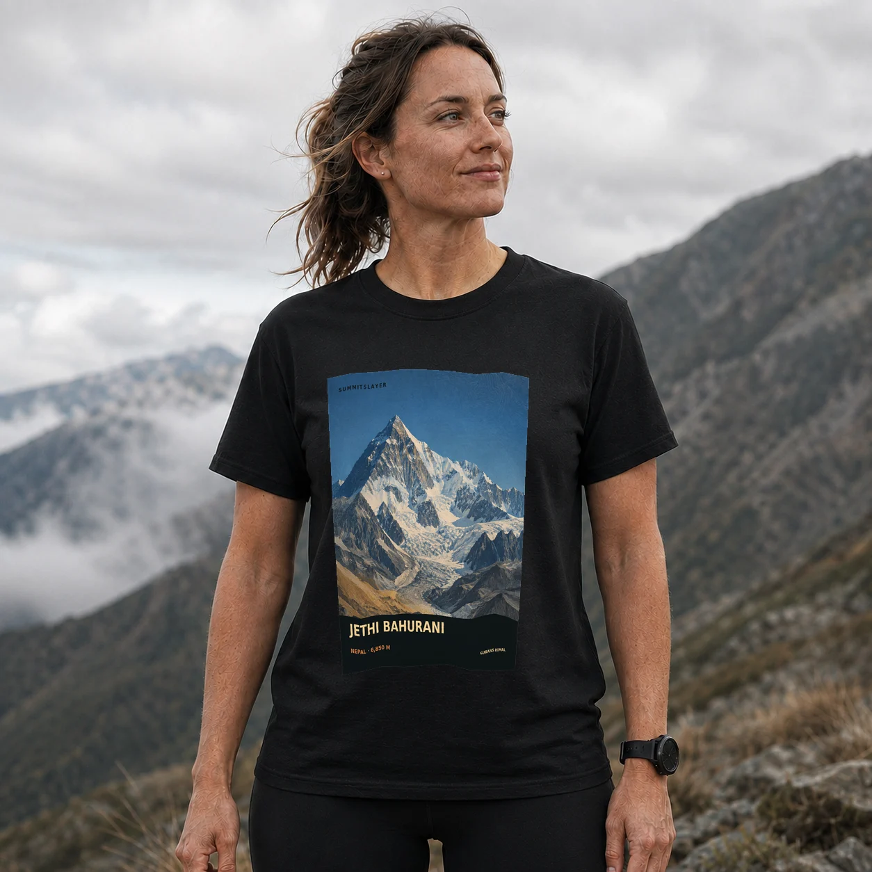 Black Jeṭhi̇̄ Bahurāni̇̄ Chuli̇̄ T-shirt front with mountain artwork