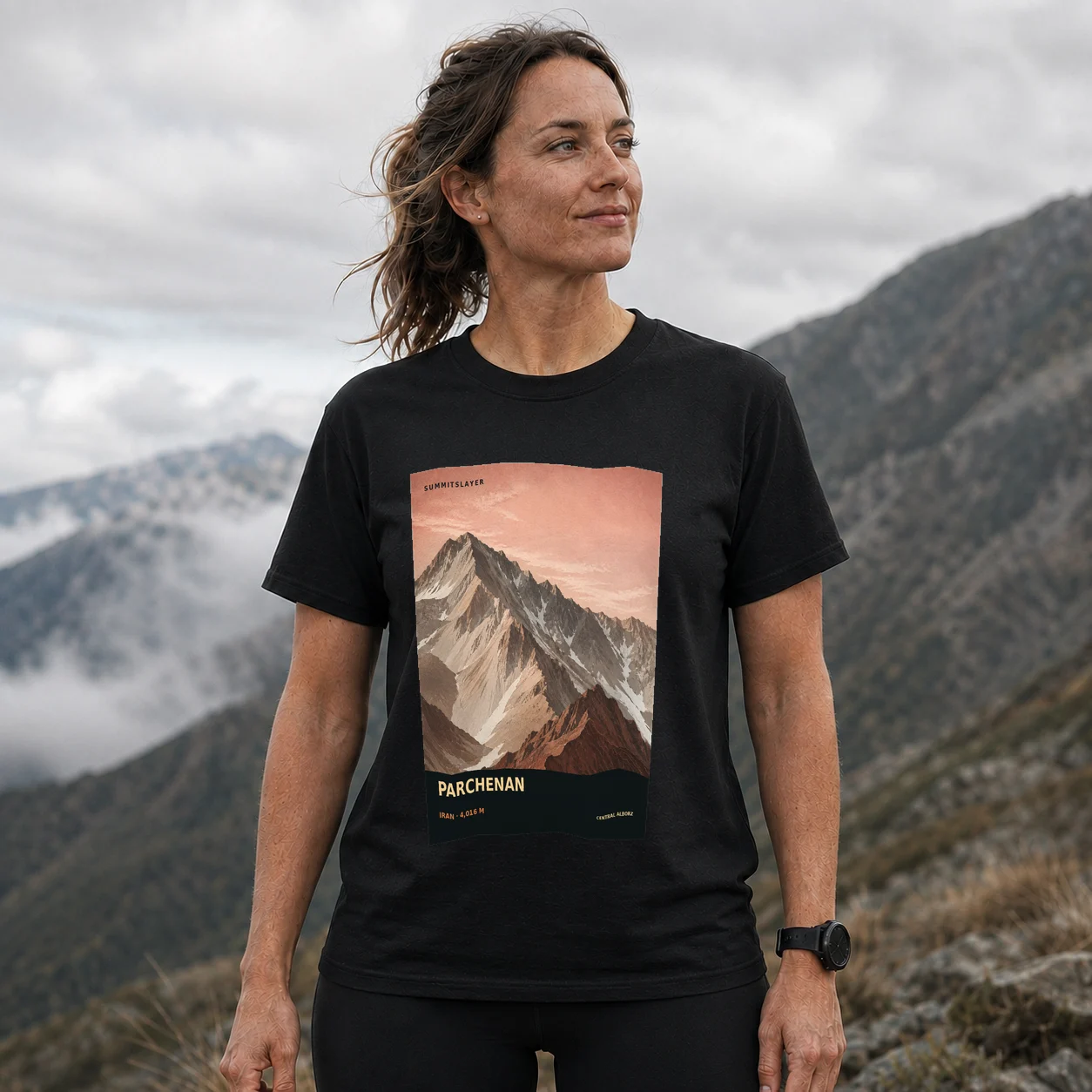 Black Kūh-e Parchenān T-shirt front with mountain artwork