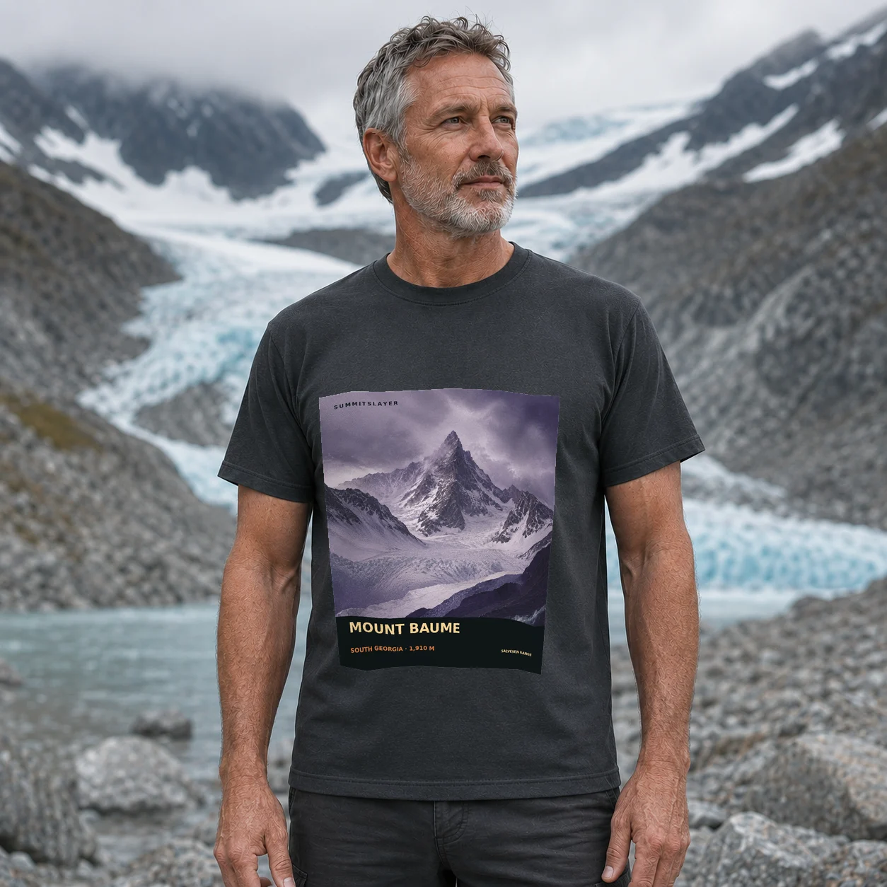 Charcoal Mount Baume T-shirt front with mountain artwork