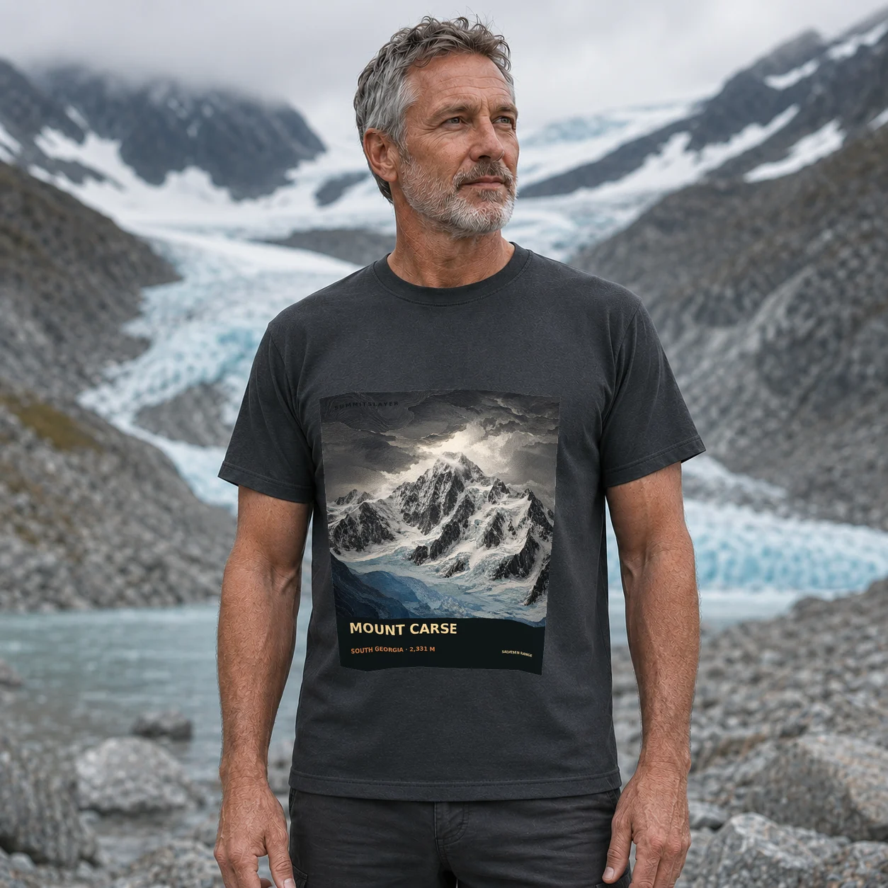 Charcoal Mount Carse T-shirt front with mountain artwork