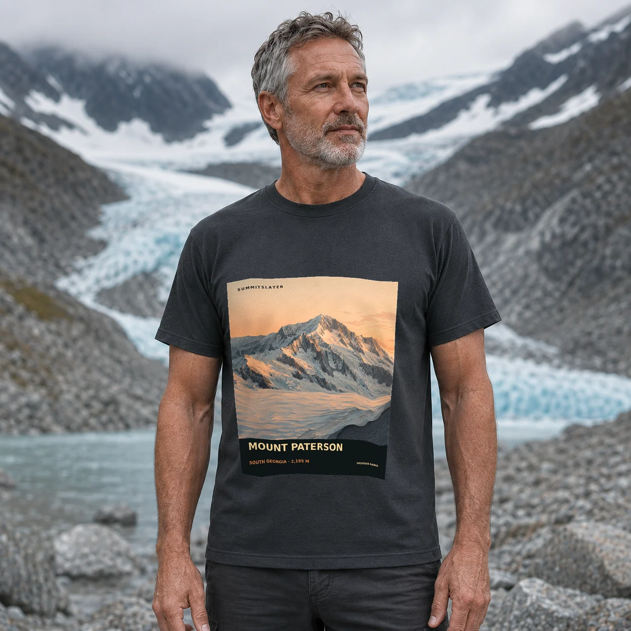 Charcoal Mount Paterson T-shirt front with mountain artwork
