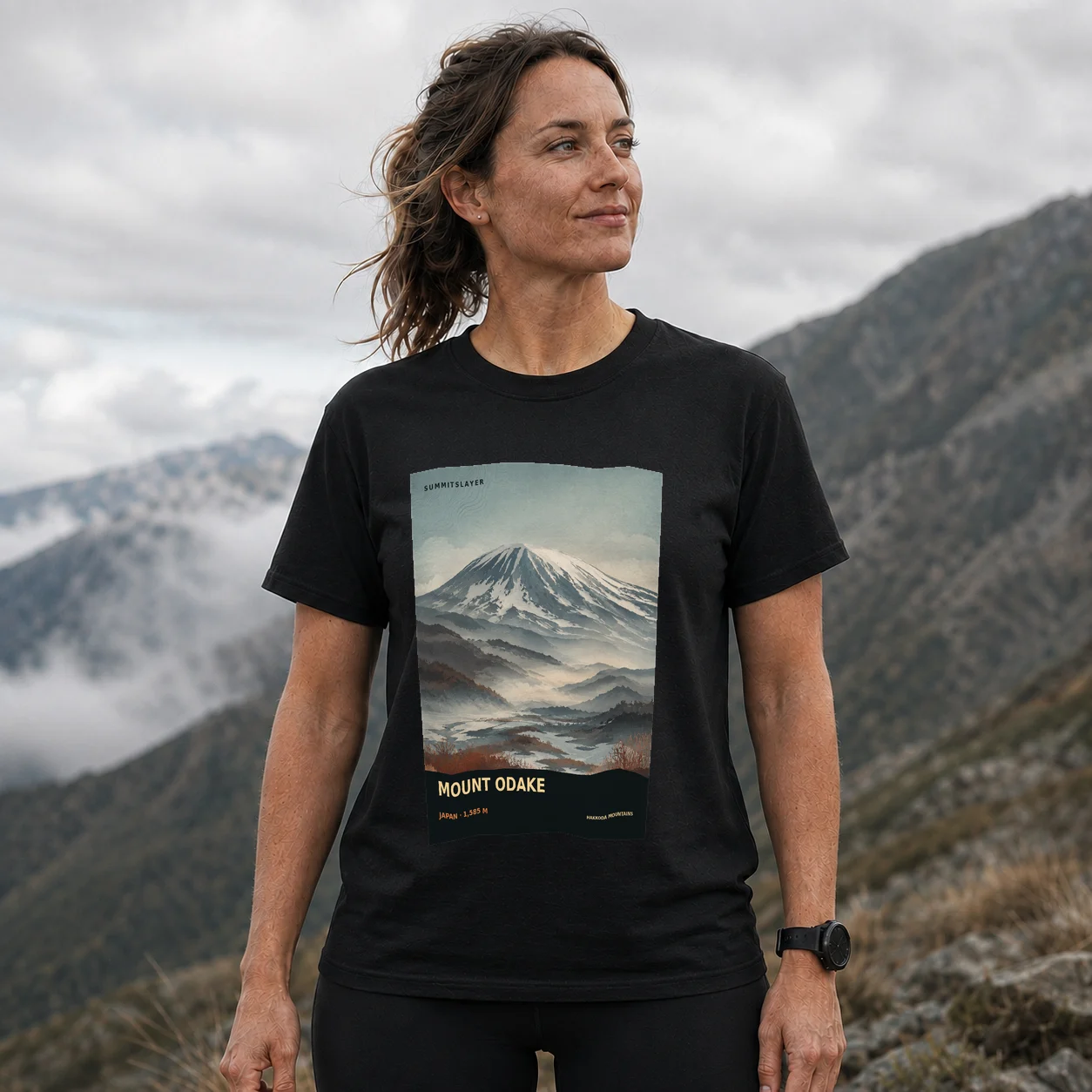 Black Ō Take T-shirt front with mountain artwork