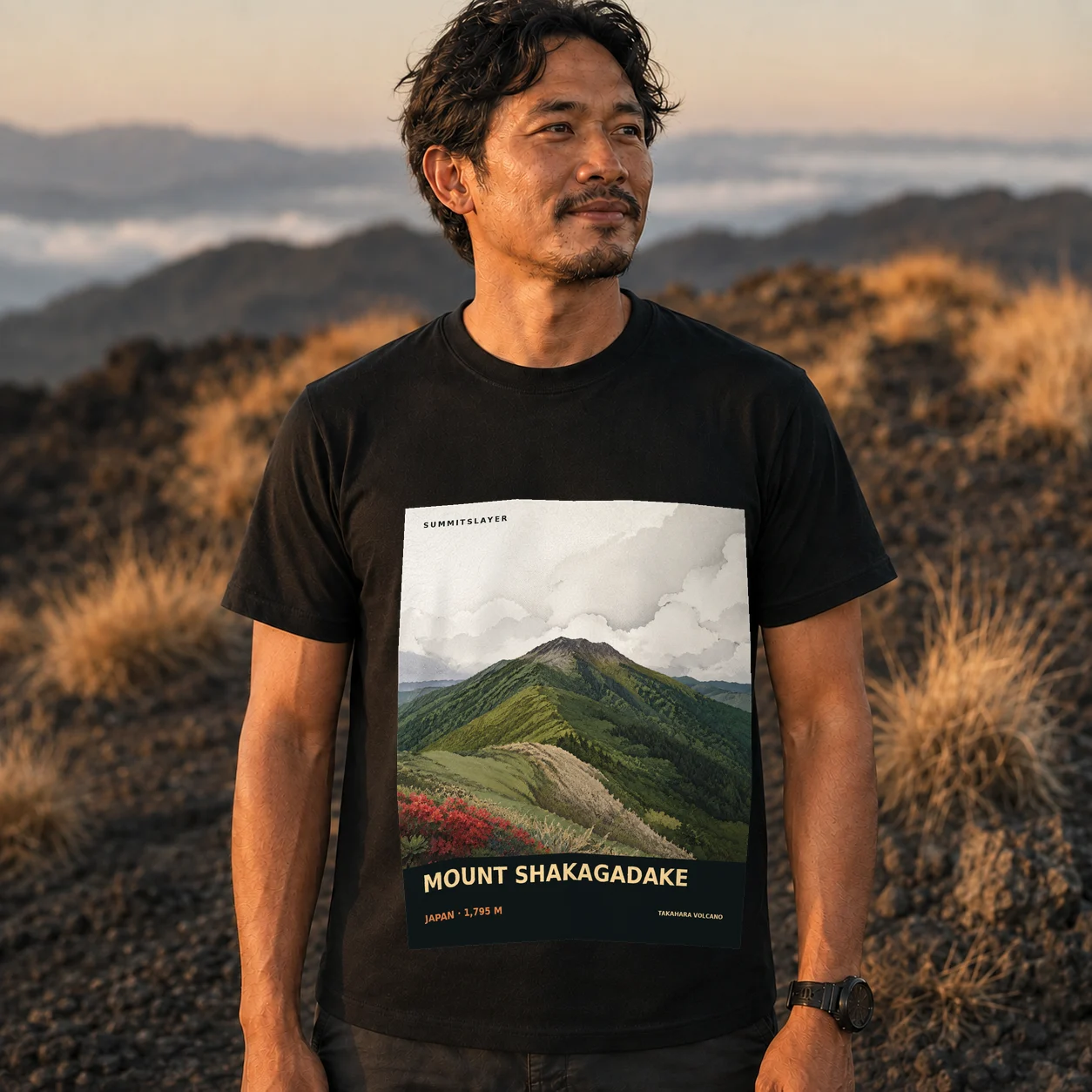 Black Shakaga-dake T-shirt front with mountain artwork