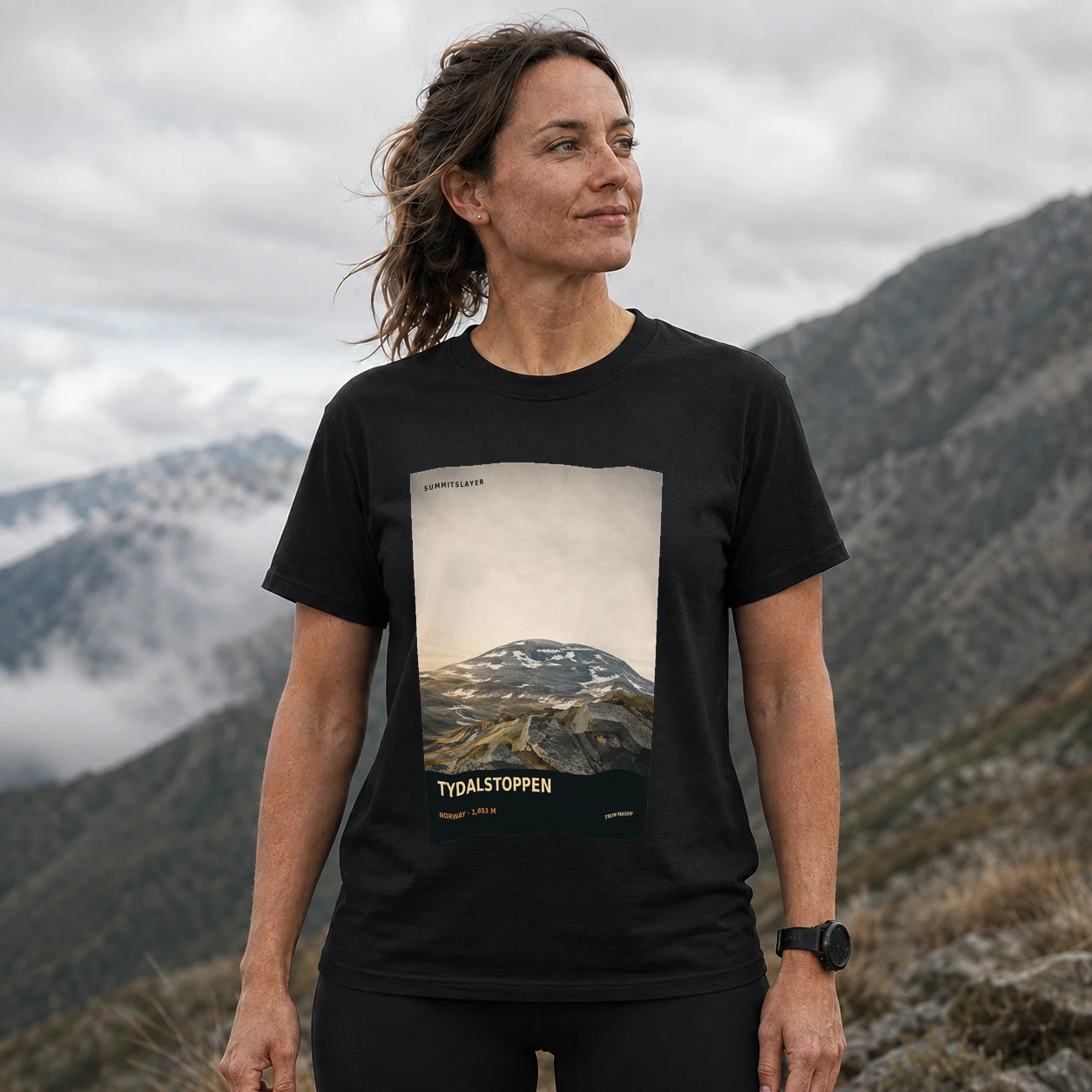 Black Tydalstoppen T-shirt front with mountain artwork