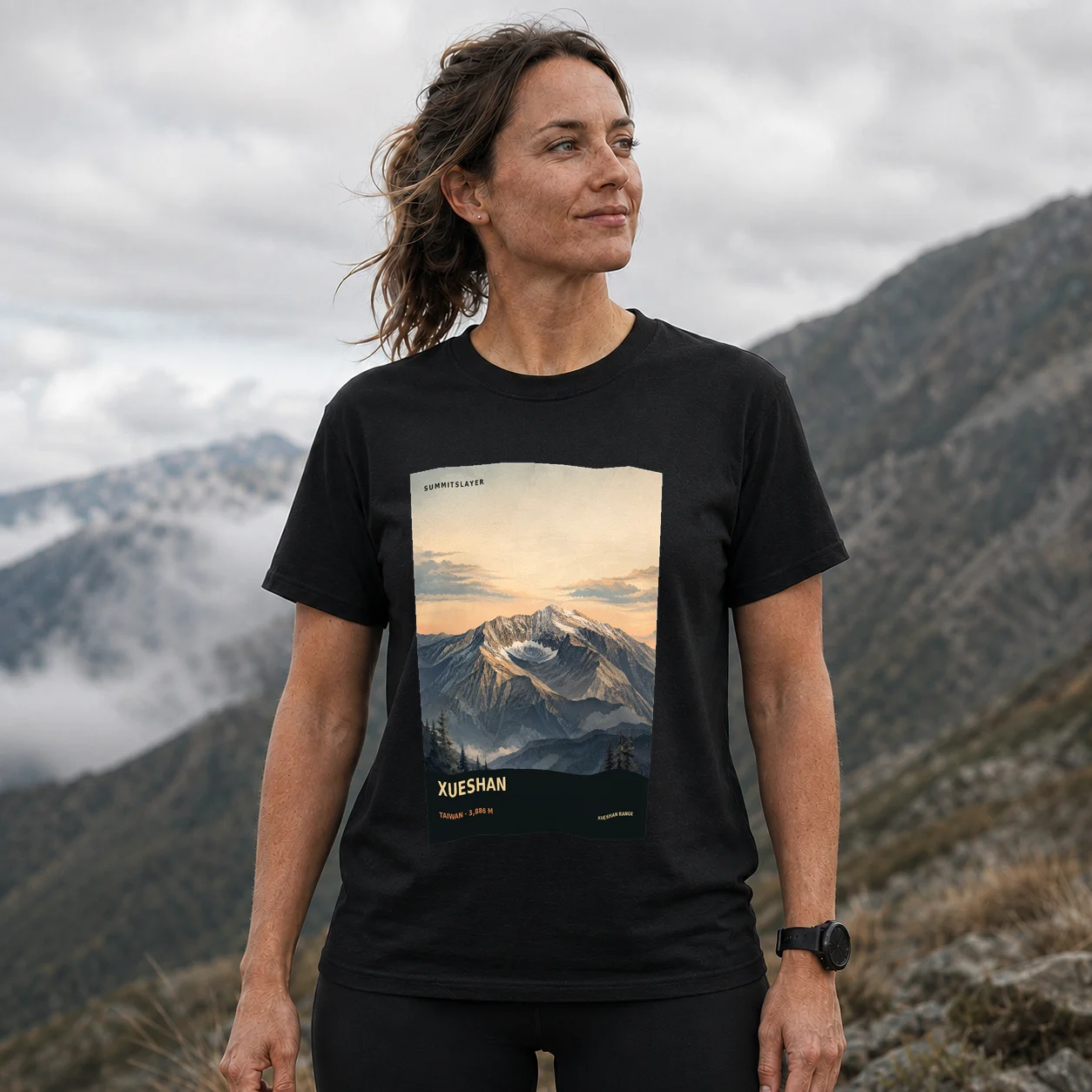Black Beilengjiao T-shirt front with mountain artwork