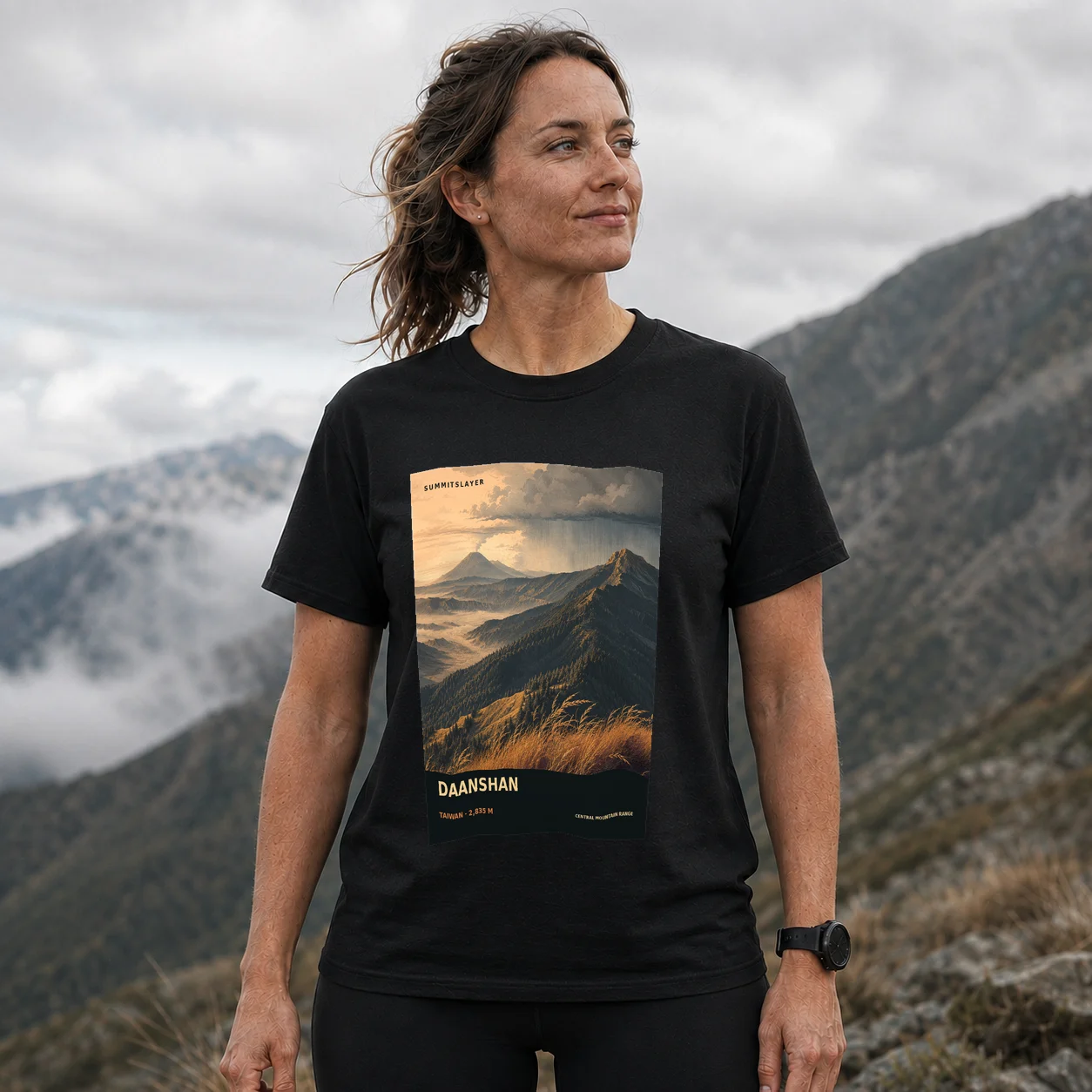 Black Da’an Shan T-shirt front with mountain artwork