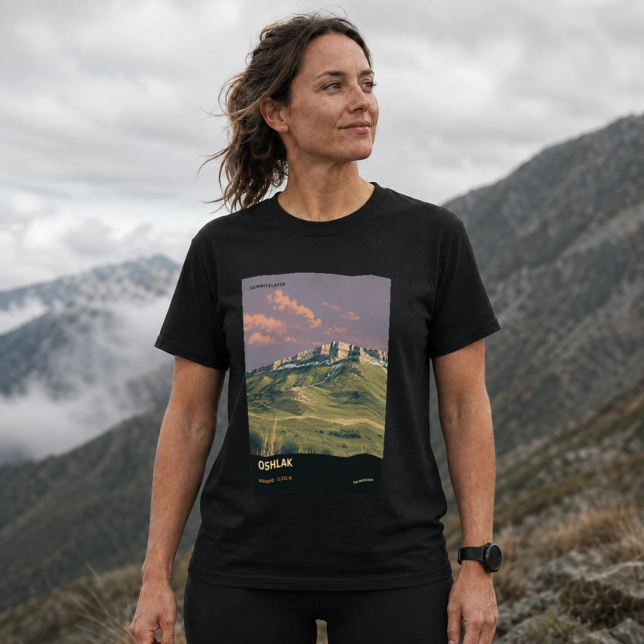 Black Ošljak T-shirt front with mountain artwork