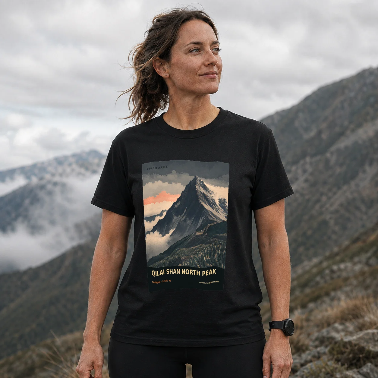 Black Qilai Zhushan Beifeng T-shirt front with mountain artwork