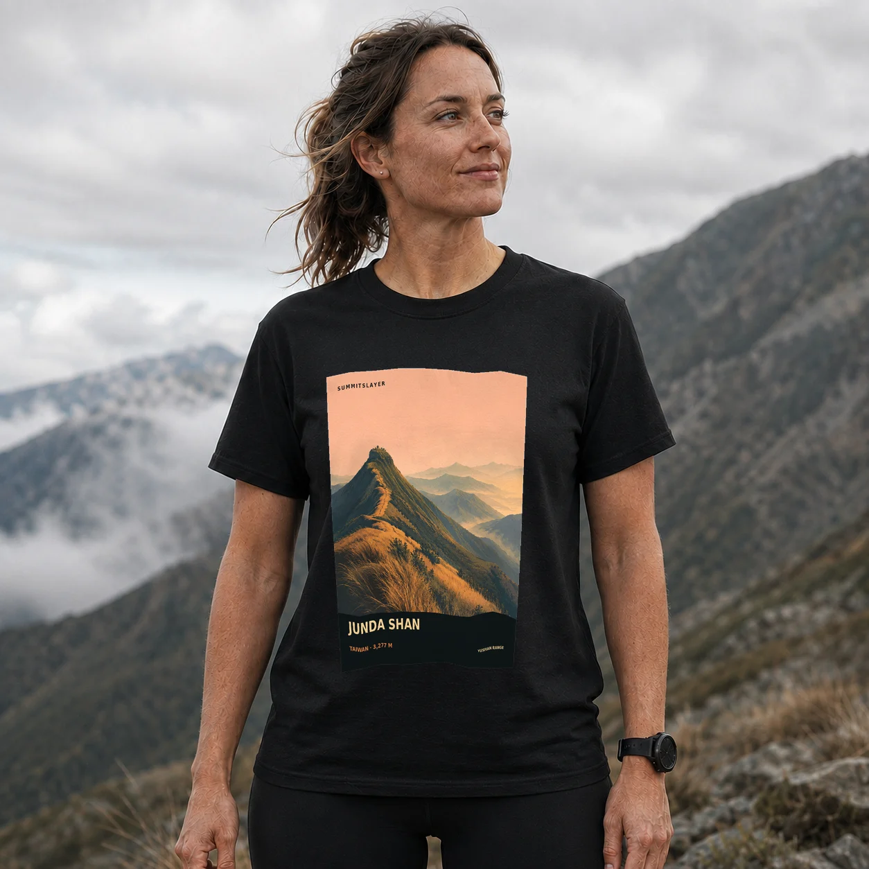 Black Wangxiang Shan T-shirt front with mountain artwork