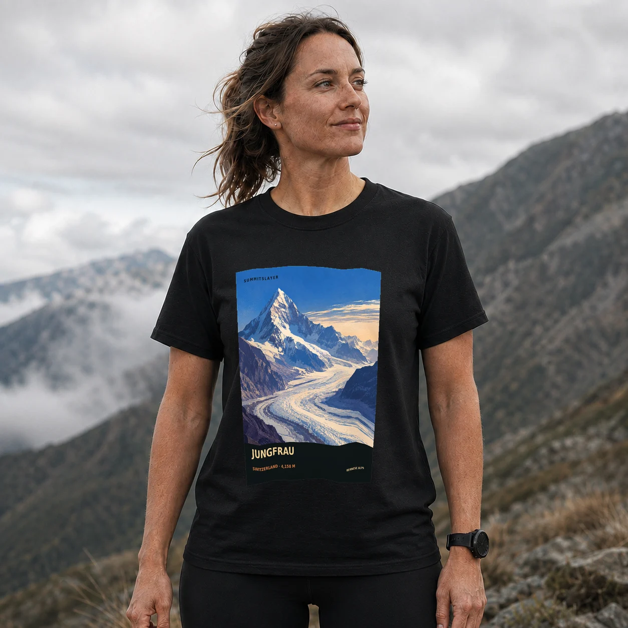 Black Wengen Jungfrau T-shirt front with mountain artwork