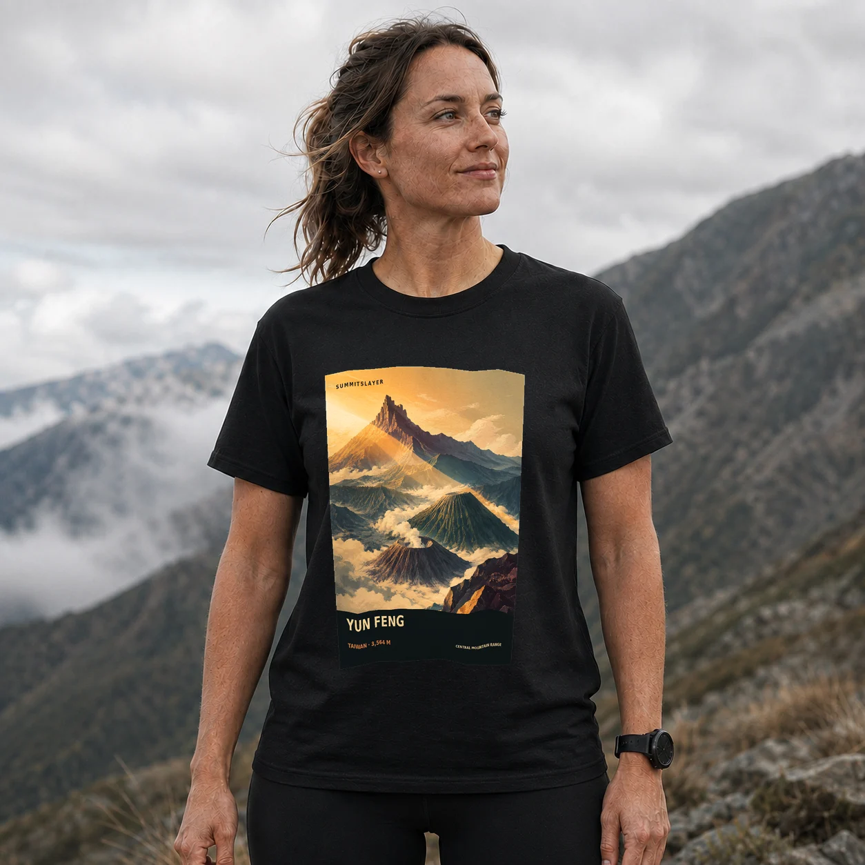 Black Yun Feng Zhongfeng T-shirt front with mountain artwork