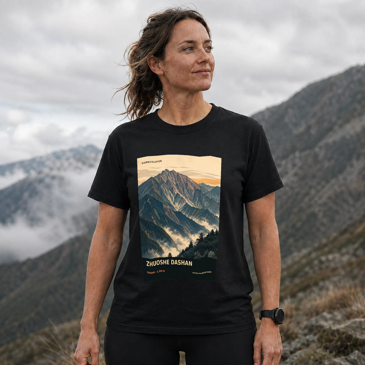 Black Zhuoshe Dashan T-shirt front with mountain artwork