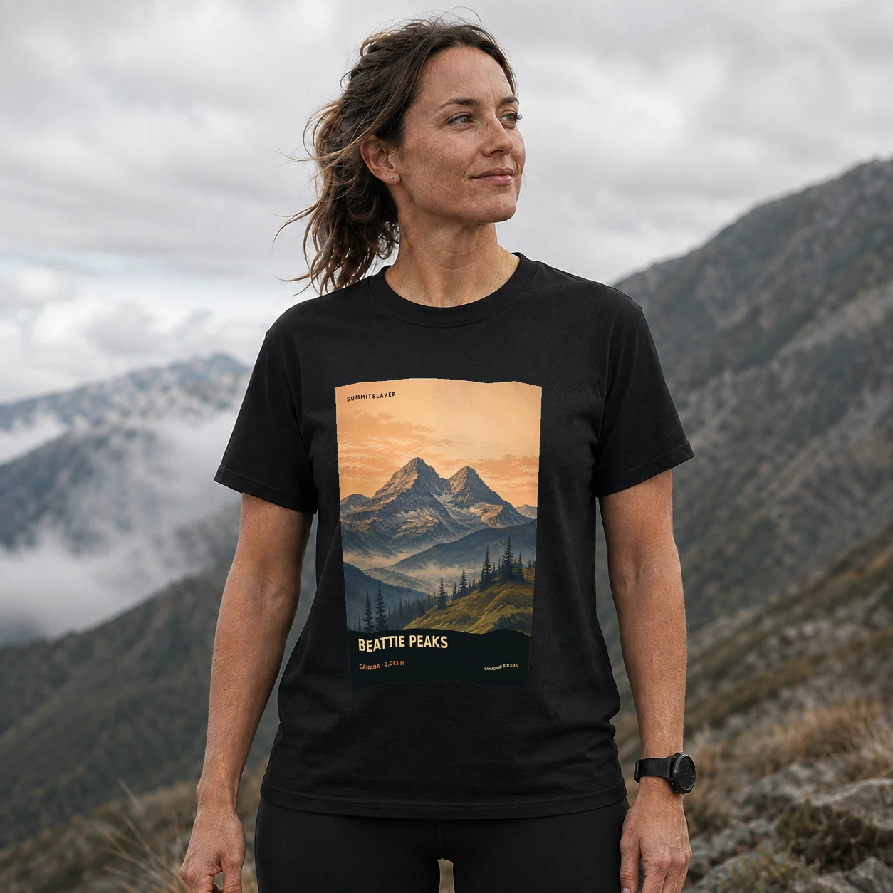Black Beattie Peaks T-shirt front with mountain artwork