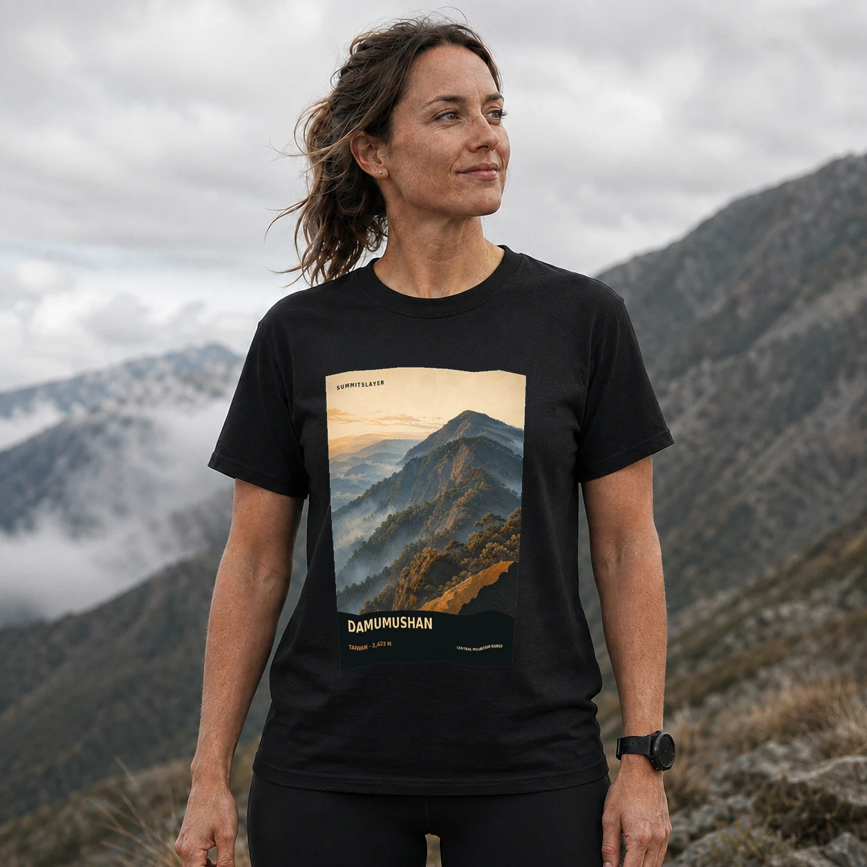 Black Damumu Shan T-shirt front with mountain artwork