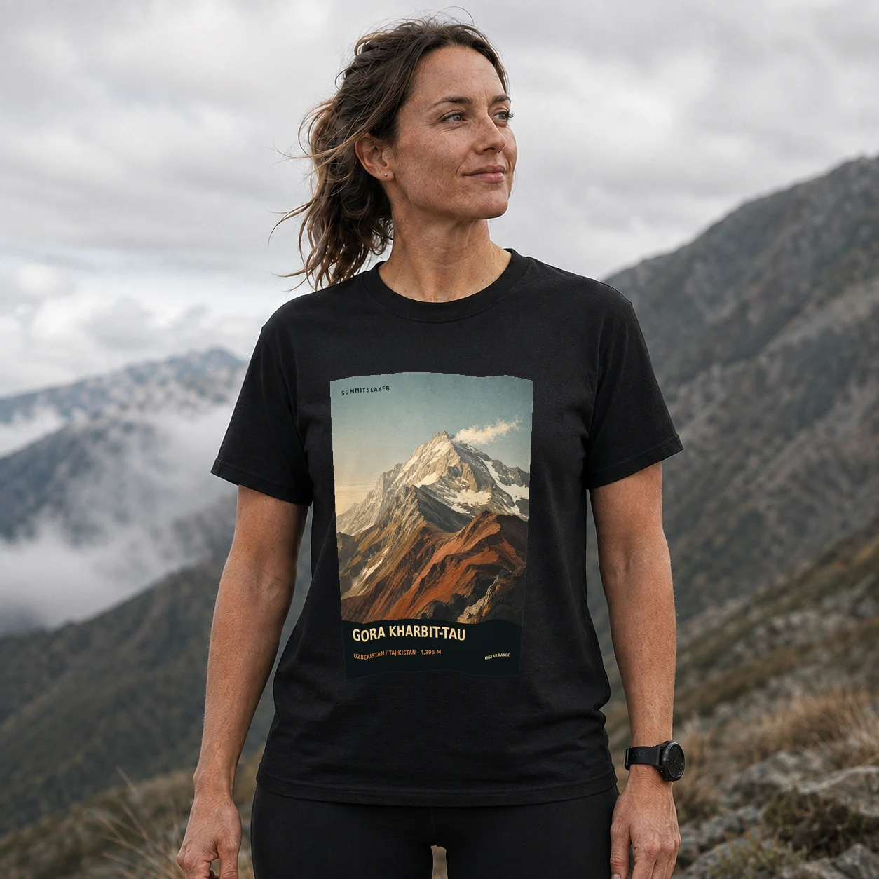 Black Gora Kharbit-Tau T-shirt front with mountain artwork