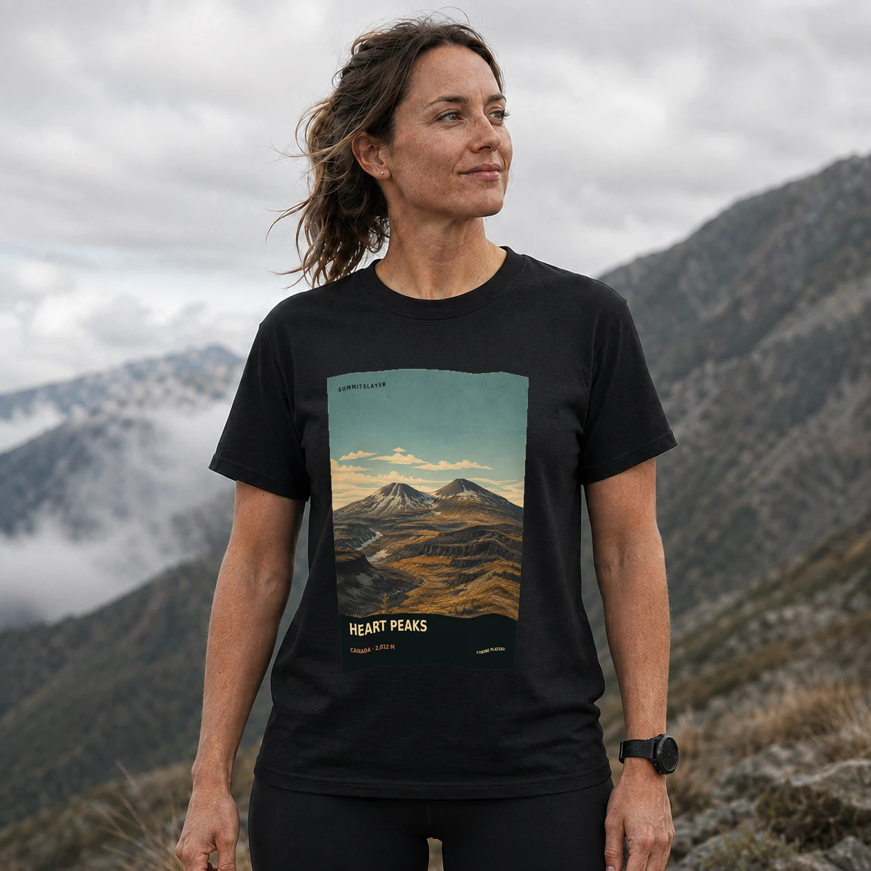 Black Heart Peaks T-shirt front with mountain artwork