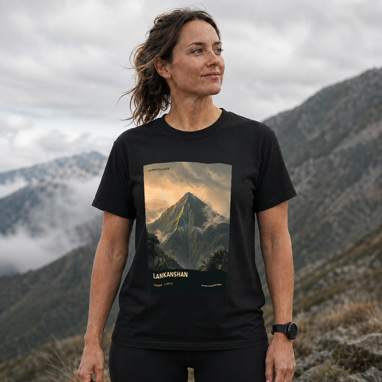 Black Lankan Shan T-shirt front with mountain artwork