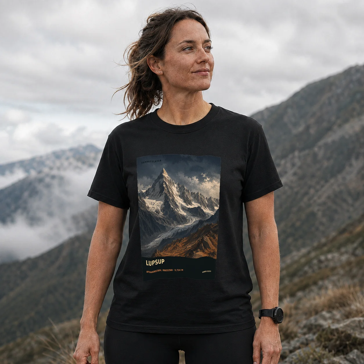 Black Lupsup T-shirt front with mountain artwork