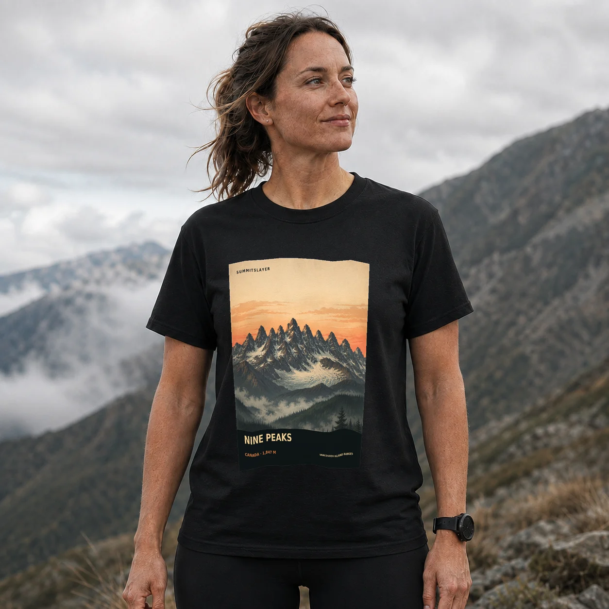 Black Nine Peaks T-shirt front with mountain artwork