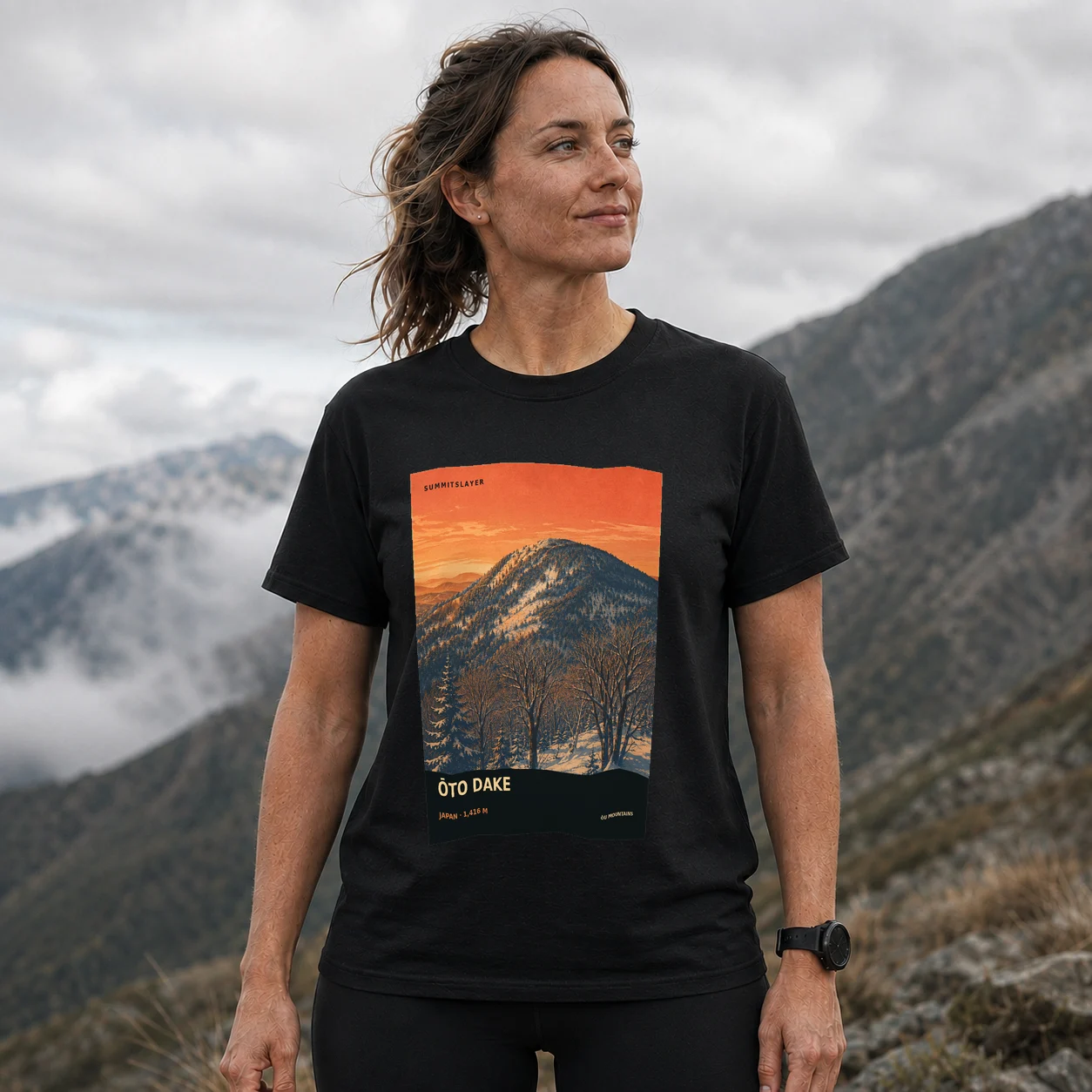 Black Ōto Dake T-shirt front with mountain artwork