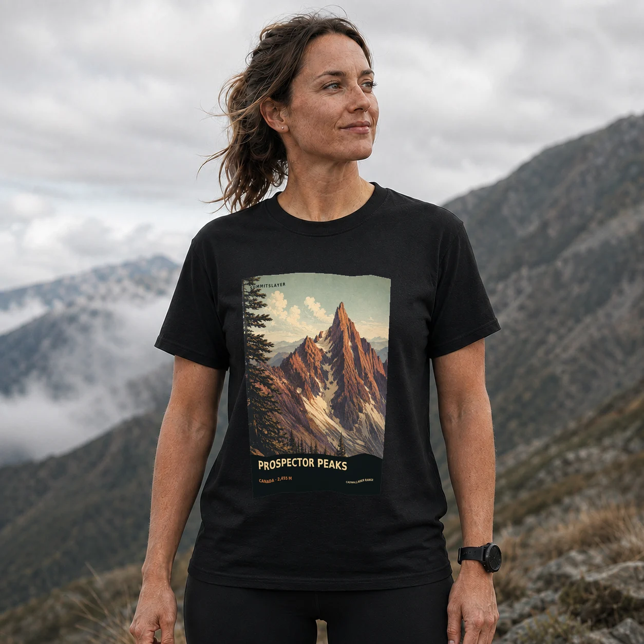 Black Prospector Peaks T-shirt front with mountain artwork