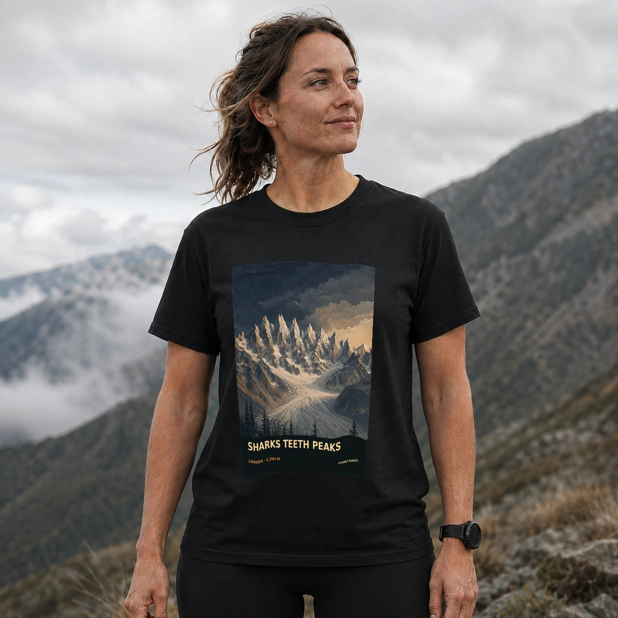 Black Sharks Teeth Peaks T-shirt front with mountain artwork
