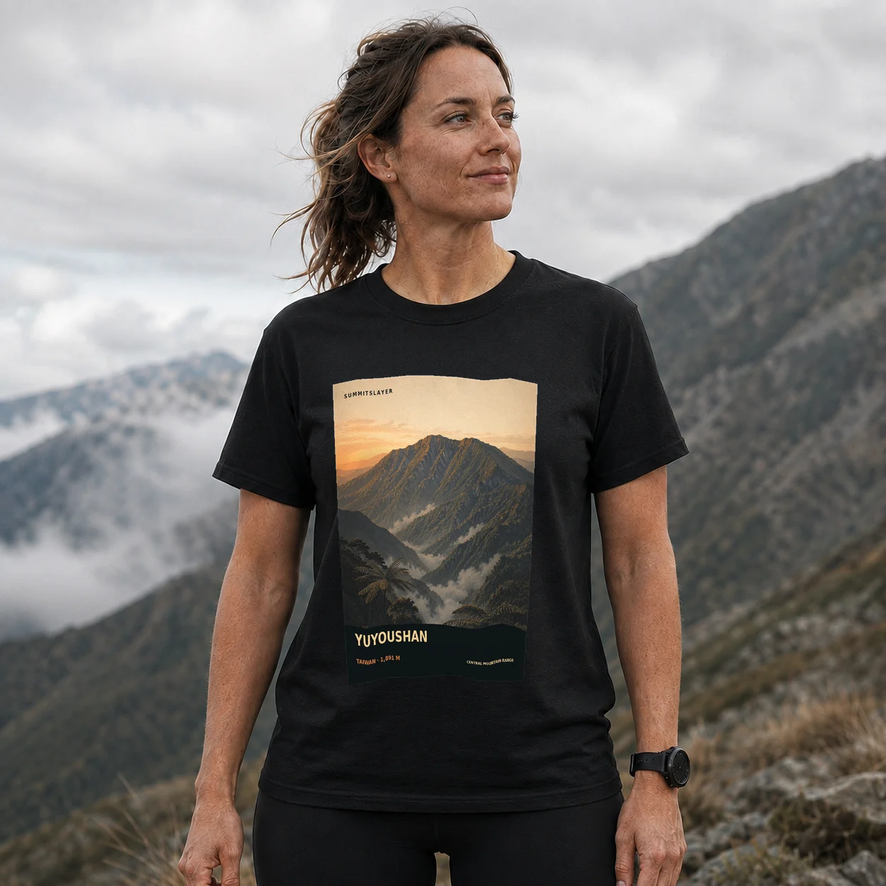 Black Yuyou Shan T-shirt front with mountain artwork