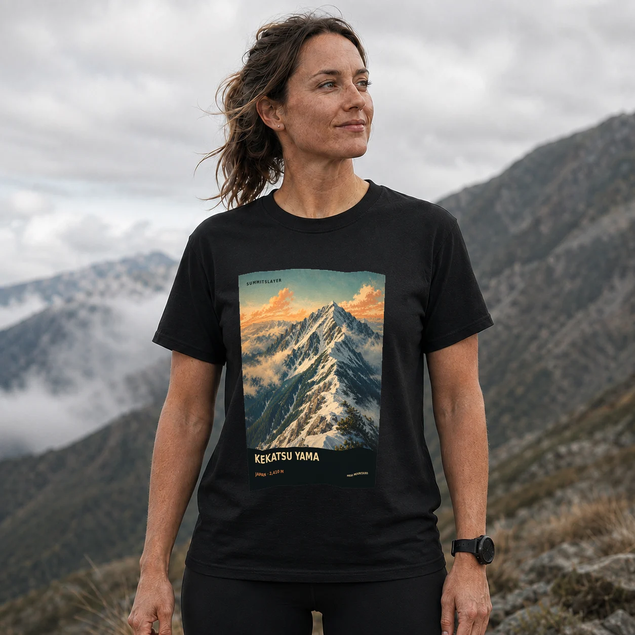 Black Kekatsu Yama T-shirt front with mountain artwork