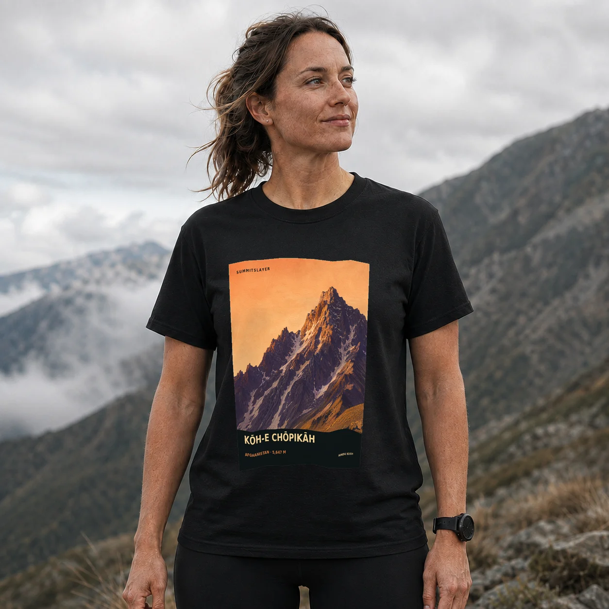Black Kōh-e Chōpikāh T-shirt front with mountain artwork