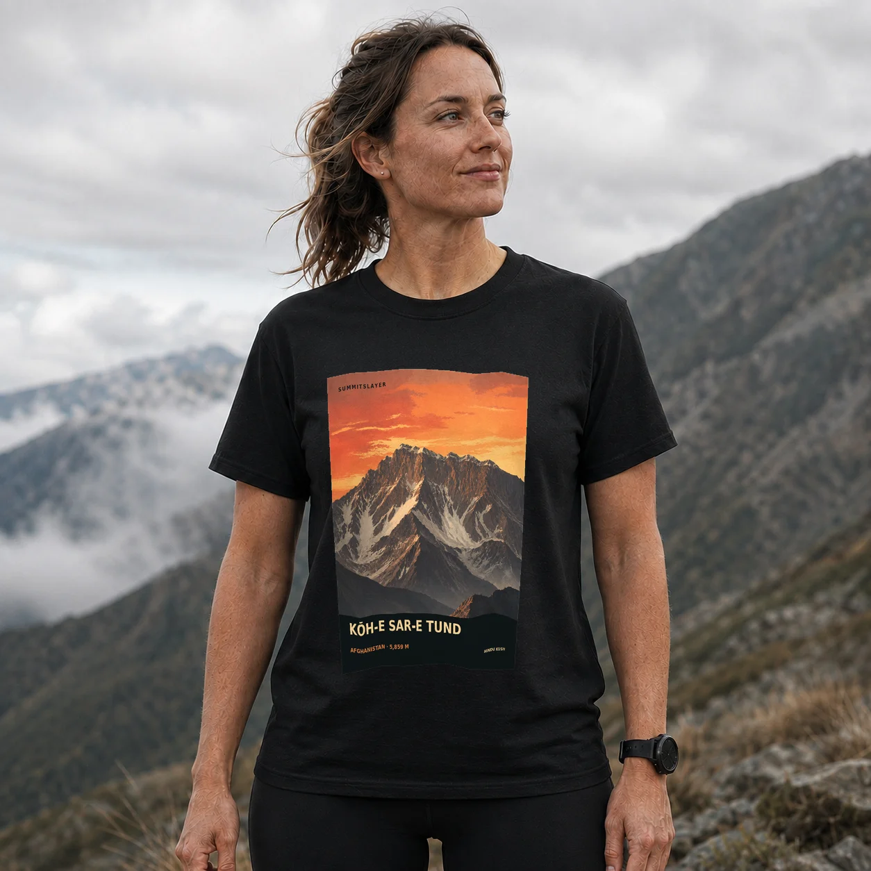 Black Kōh-e Sar-e Tund T-shirt front with mountain artwork