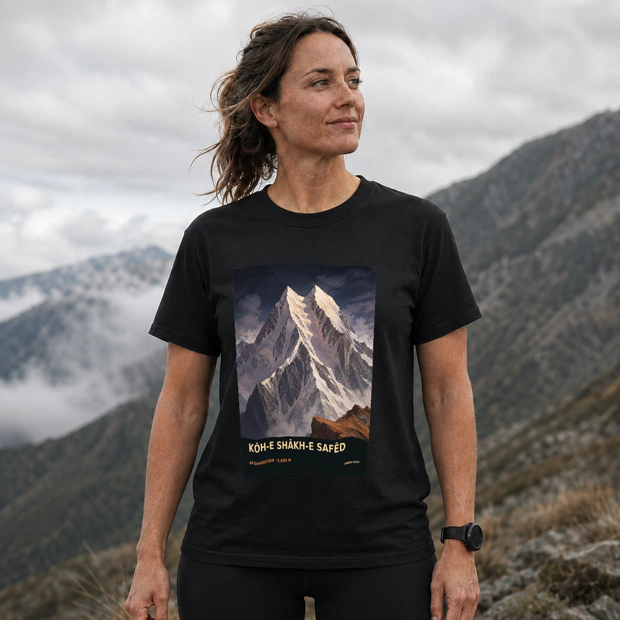 Black Kōh-e Shākh-e Safēd T-shirt front with mountain artwork