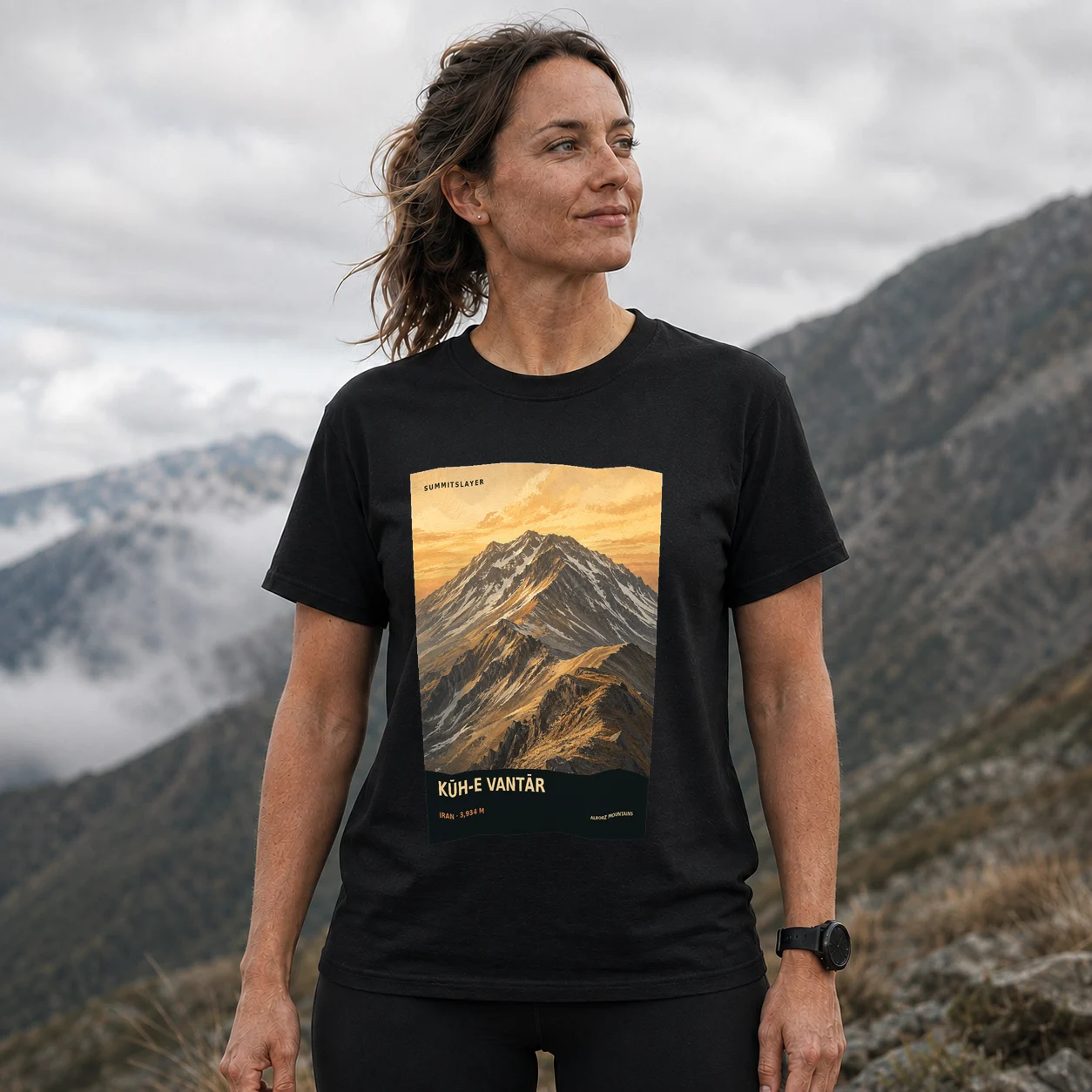 Black Kūh-e Vantār T-shirt front with mountain artwork
