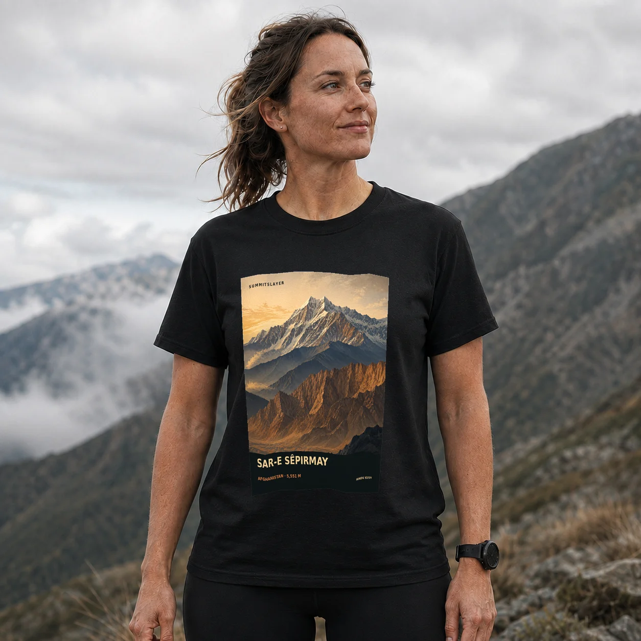 Black Sar-e Sêpirmay T-shirt front with mountain artwork