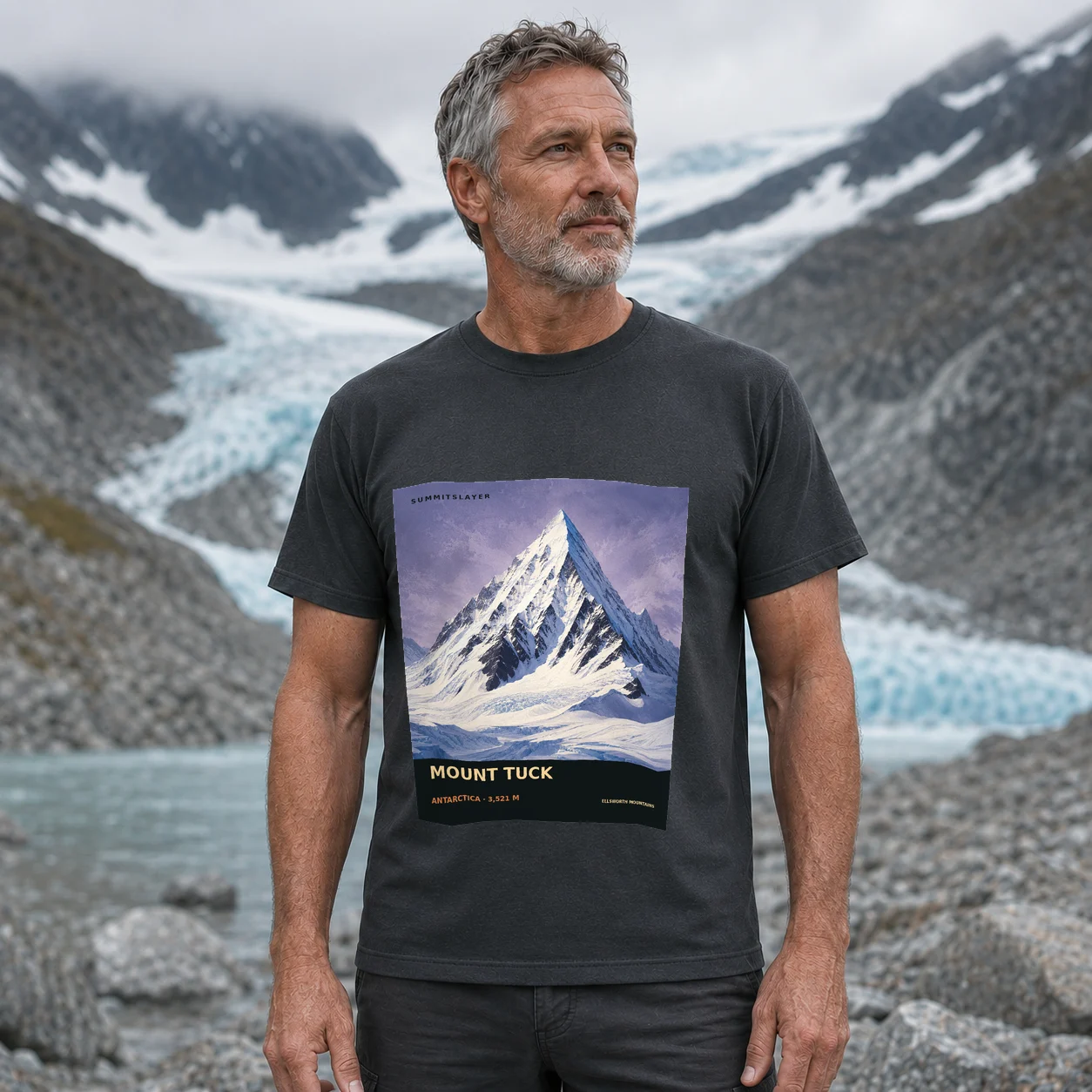 Charcoal Tuck, Mount T-shirt front with mountain artwork