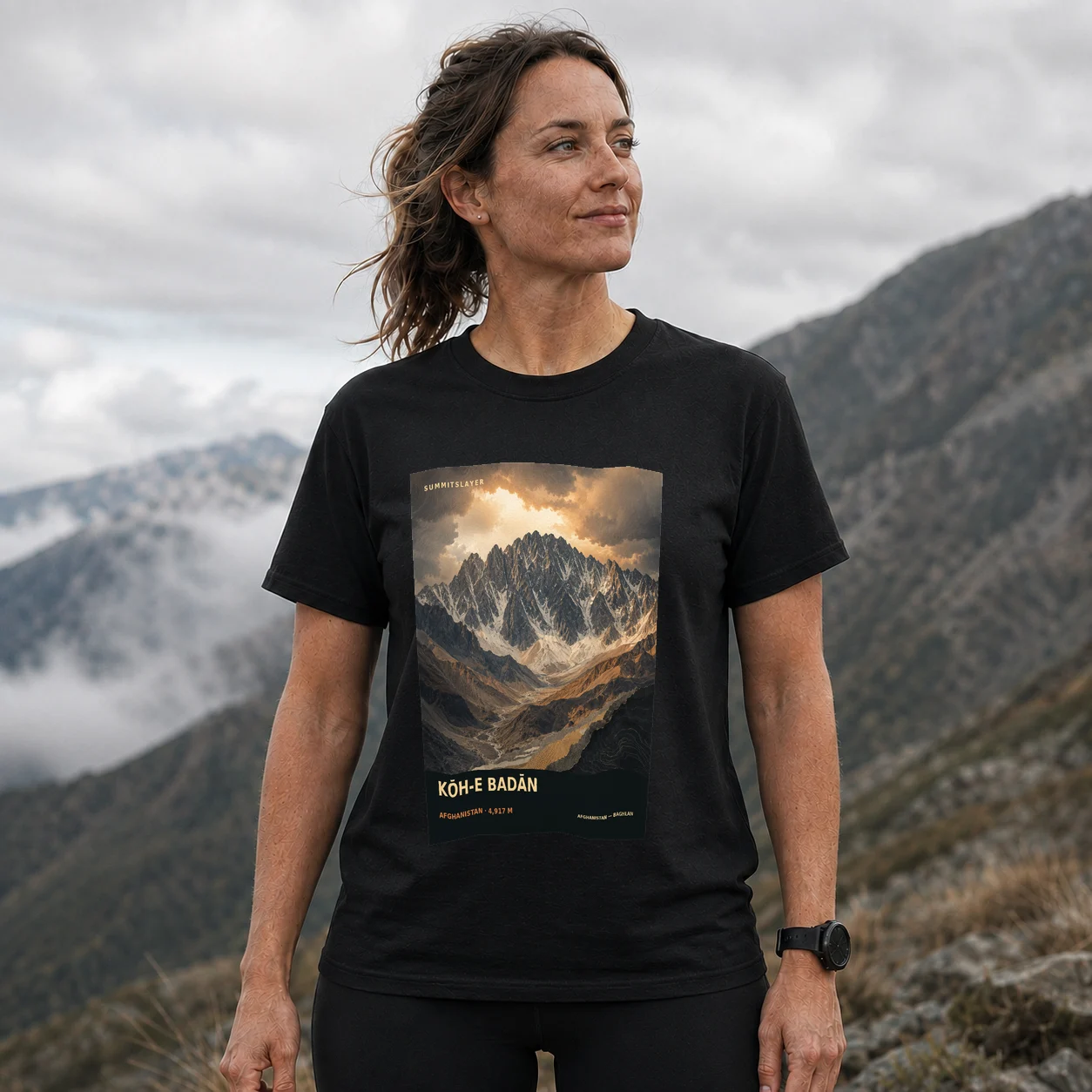 Black Kōh-e Badān T-shirt front with mountain artwork
