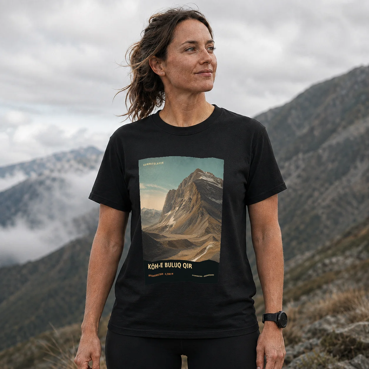 Black Kōh-e Buluq Qir T-shirt front with mountain artwork