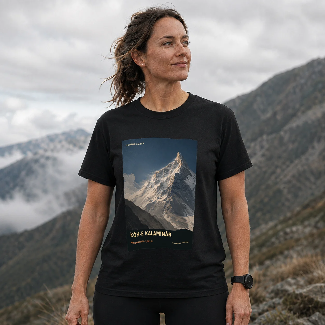 Black Kōh-e Kalaminār T-shirt front with mountain artwork