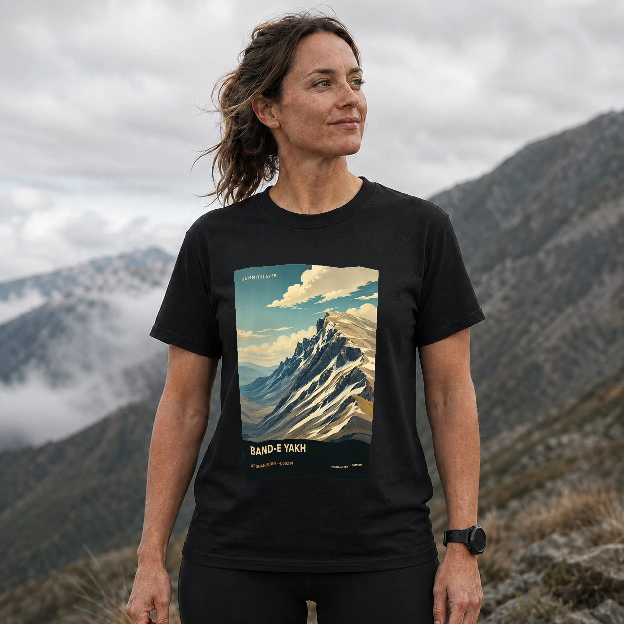 Black Band-e Yakh T-shirt front with mountain artwork