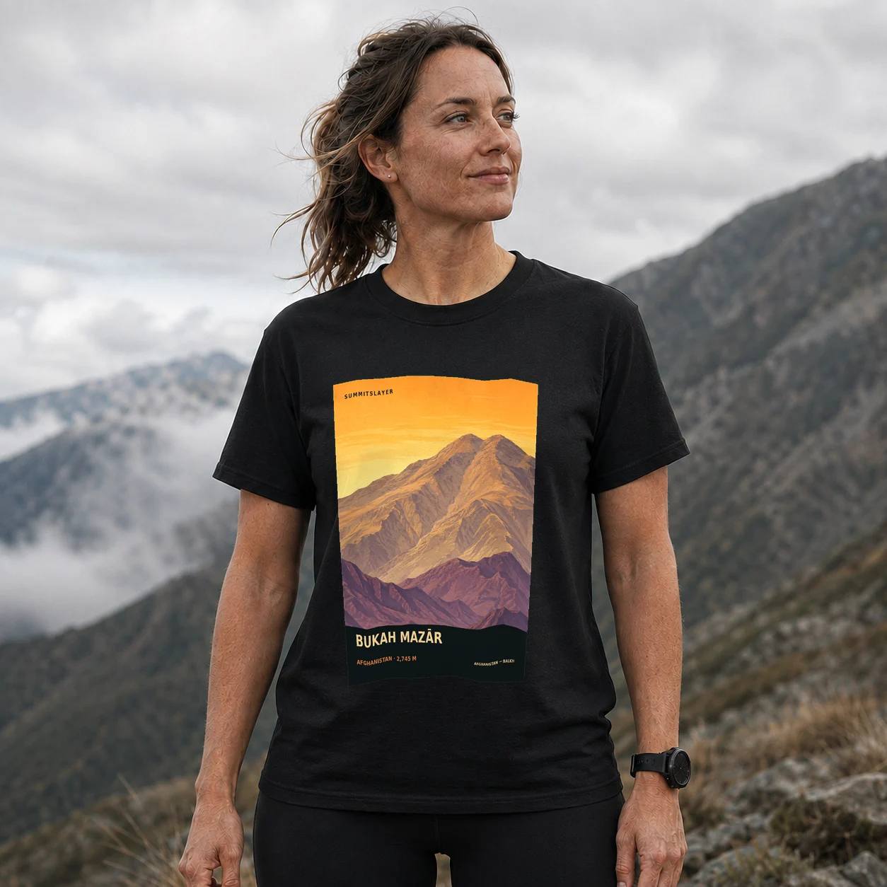 Black Bukah Mazār T-shirt front with mountain artwork