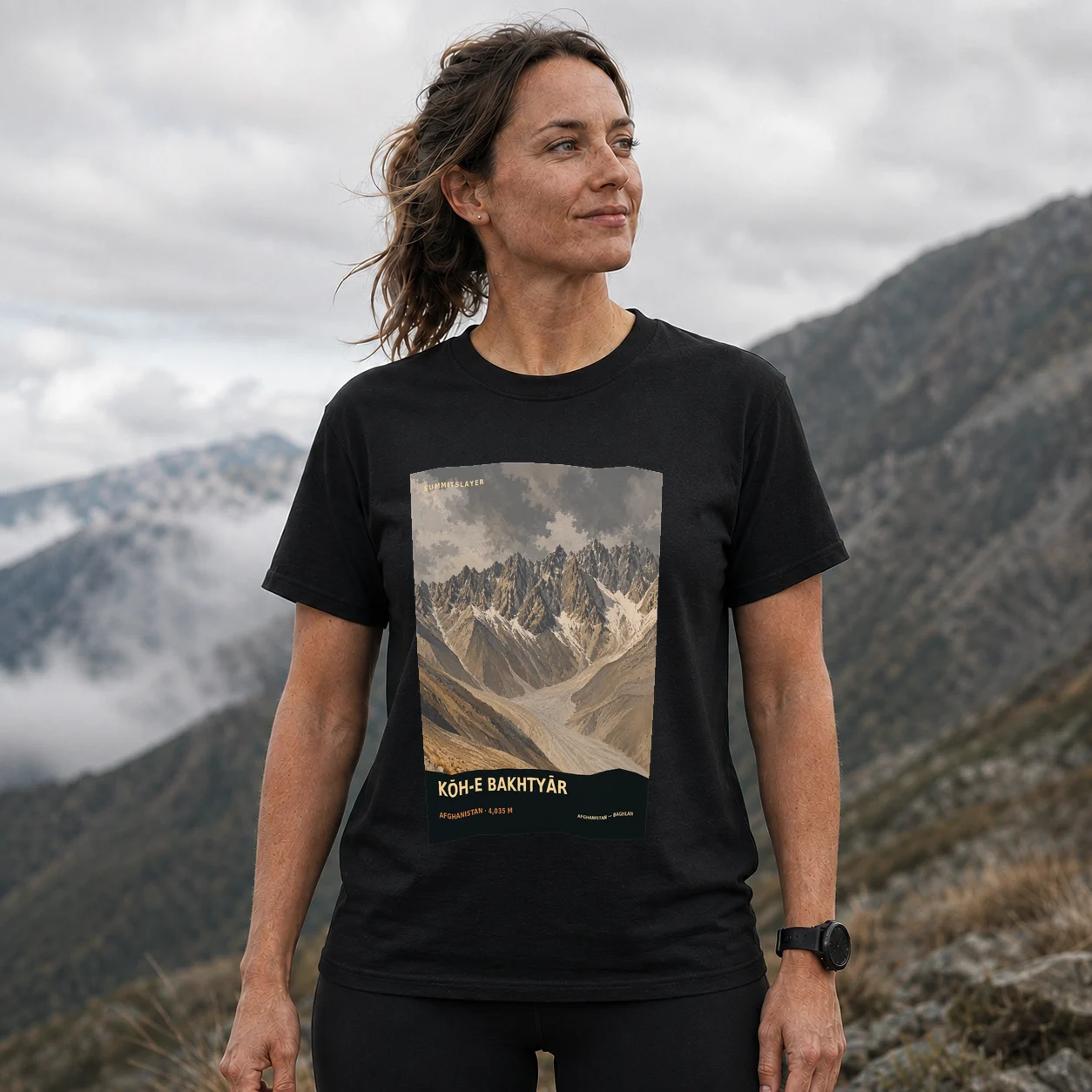 Black Kōh-e Bakhtyār T-shirt front with mountain artwork
