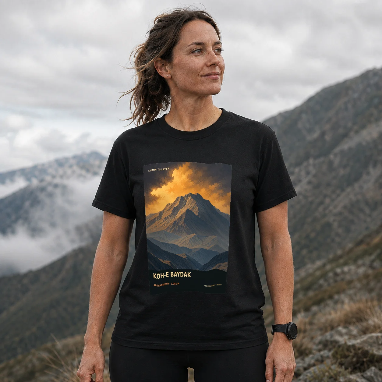 Black Kōh-e Baydak T-shirt front with mountain artwork